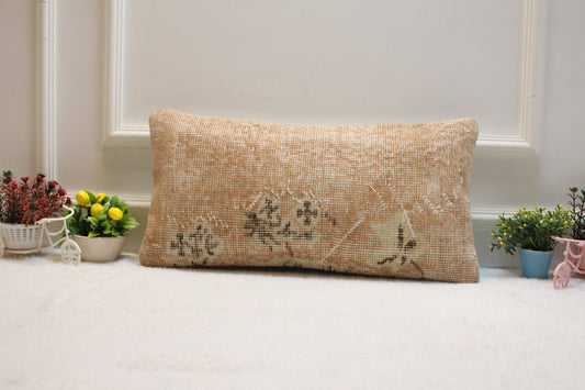 Vintage Turkish Rug Lumbar Pillow: Organic Wool Pillow Cover (12x24 in)