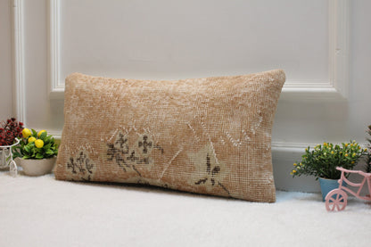 Vintage Turkish Rug Lumbar Pillow: Organic Wool Pillow Cover (12x24 in)