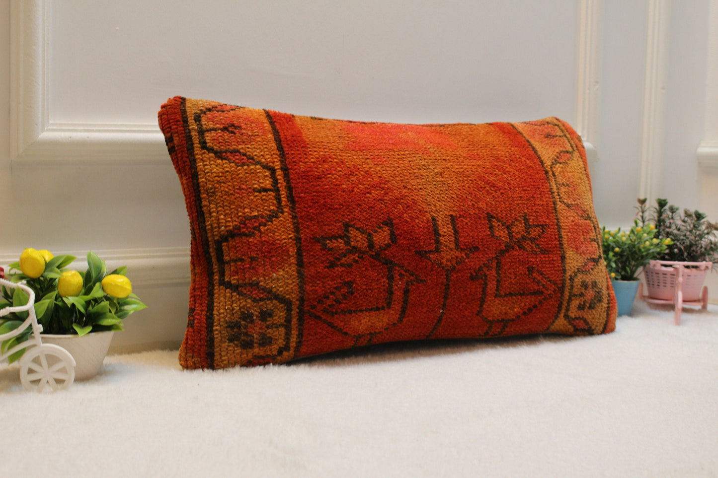 Handmade Wool Lumbar Pillow Cover: Turkish Rug, Boho Design (12x24 inc)
