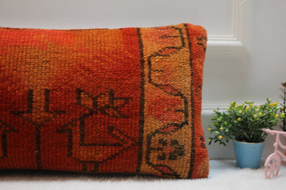 Handmade Wool Lumbar Pillow Cover: Turkish Rug, Boho Design (12x24 inc)