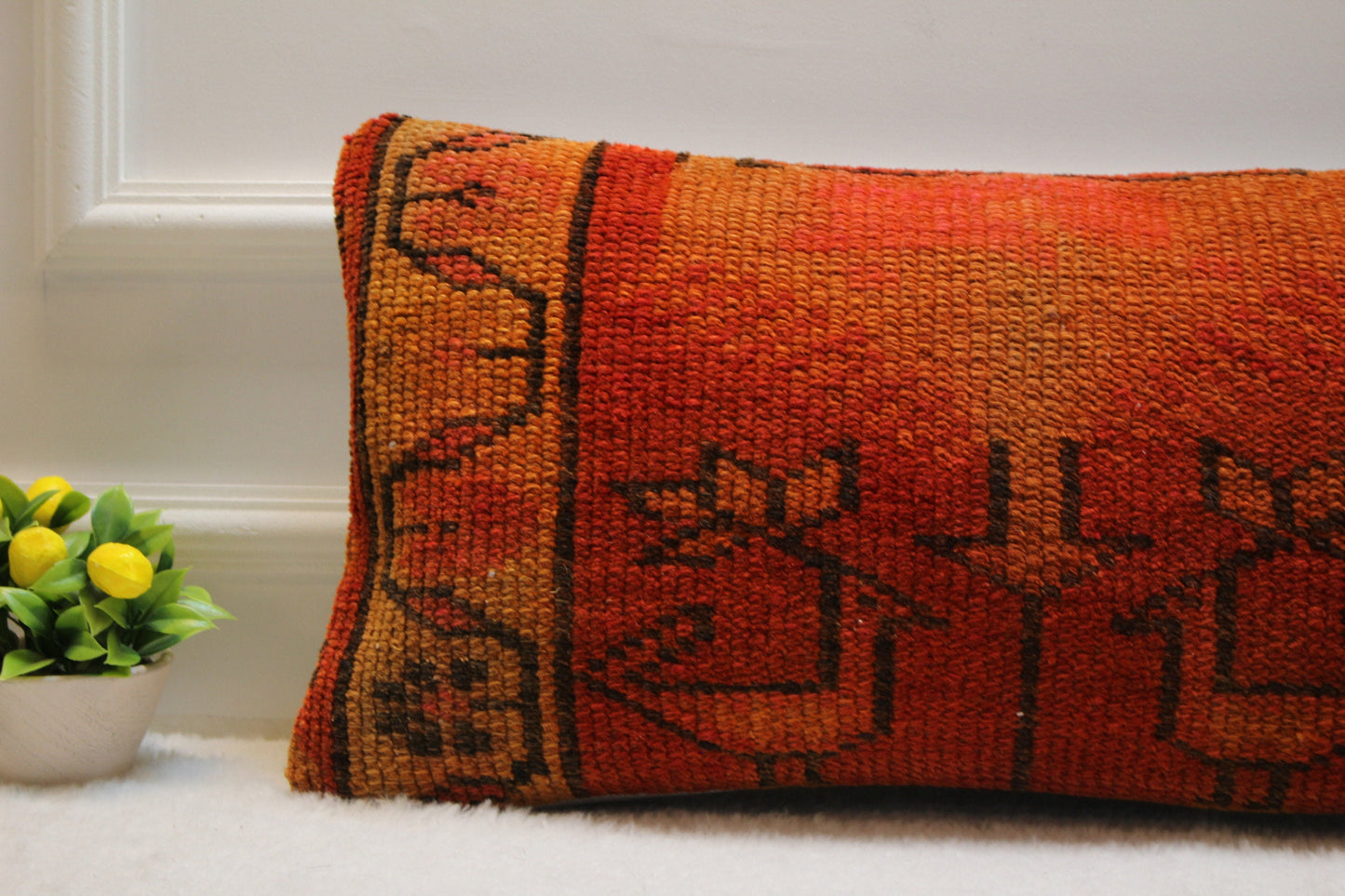 Handmade Wool Lumbar Pillow Cover: Turkish Rug, Boho Design (12x24 inc)
