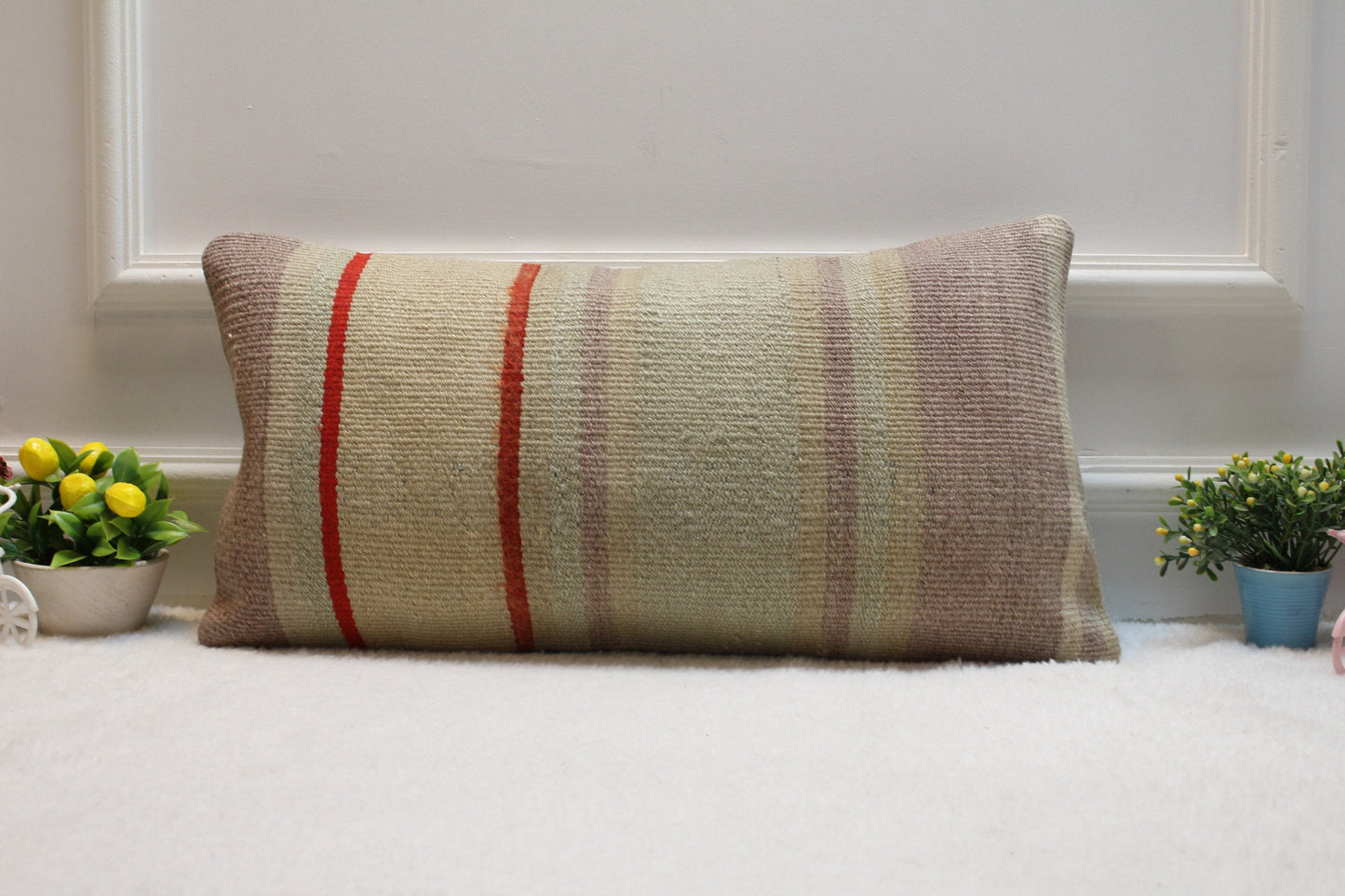Handmade Wool Kilim Lumbar Pillow Cover: 12x24 inc, Upcycled Rug