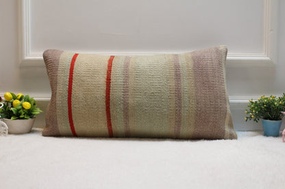 Handmade Wool Kilim Lumbar Pillow Cover: 12x24 inc, Upcycled Rug