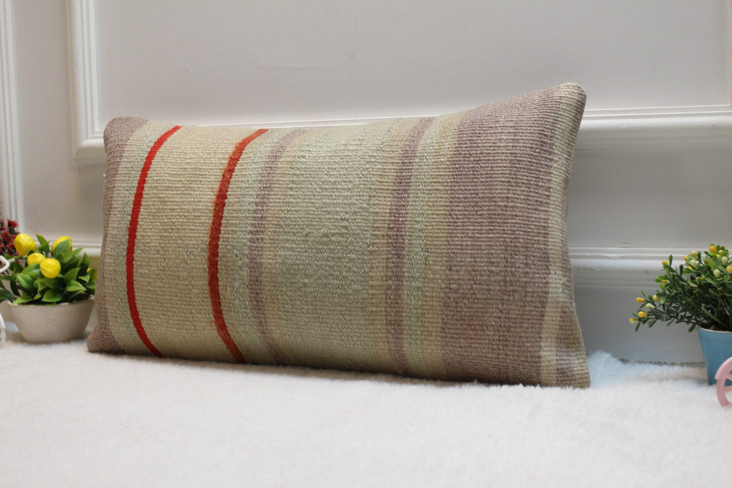 Handmade Wool Kilim Lumbar Pillow Cover: 12x24 inc, Upcycled Rug