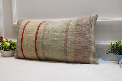 Handmade Wool Kilim Lumbar Pillow Cover: 12x24 inc, Upcycled Rug