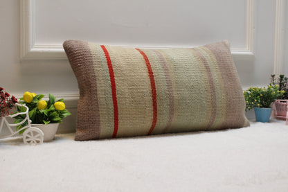 Handmade Wool Kilim Lumbar Pillow Cover: 12x24 inc, Upcycled Rug