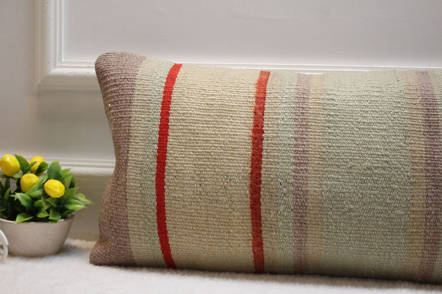 Handmade Wool Kilim Lumbar Pillow Cover: 12x24 inc, Upcycled Rug