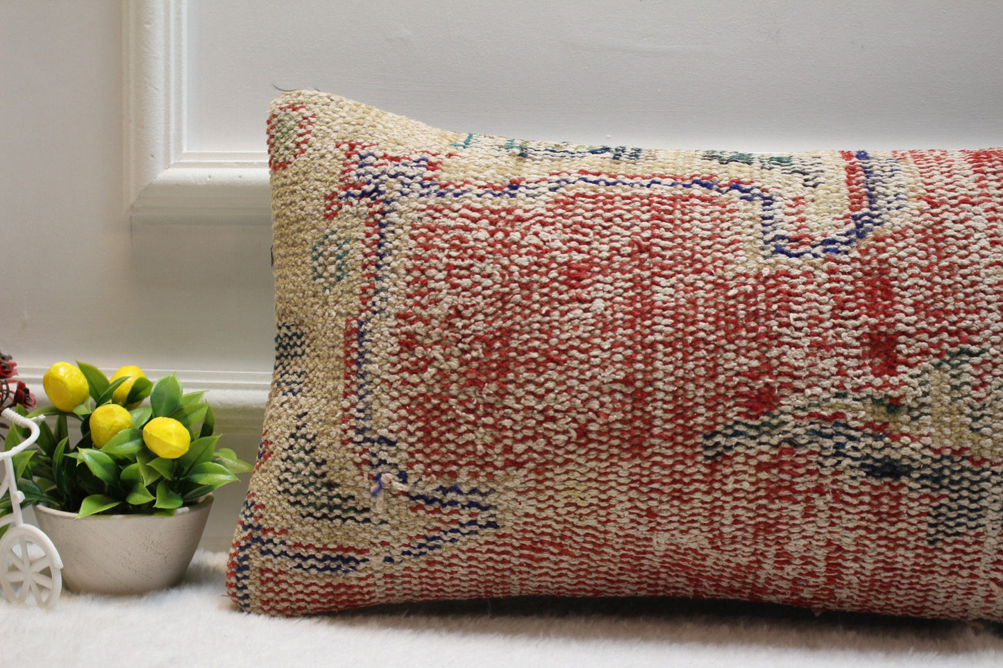 Handmade Turkish Rug Lumbar Pillow Cover: Upcycled Woven Wool (12x24 in)