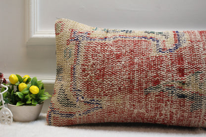 Handmade Turkish Rug Lumbar Pillow Cover: Upcycled Woven Wool (12x24 in)