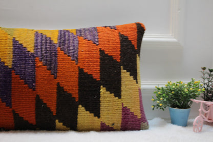 Geometric Kilim Pillow Cover: Rainbow Wool Lumbar Pillow, 12x24