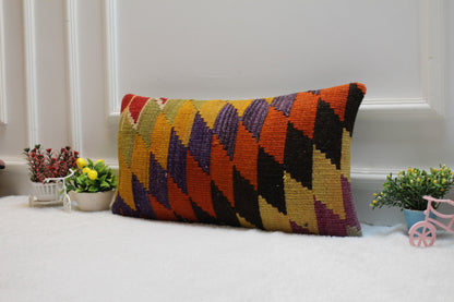 Geometric Kilim Pillow Cover: Rainbow Wool Lumbar Pillow, 12x24