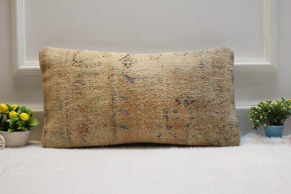 Vintage Turkish Rug Lumbar Pillow Cover: 12x24 Beige Orange Wool Pillow Case