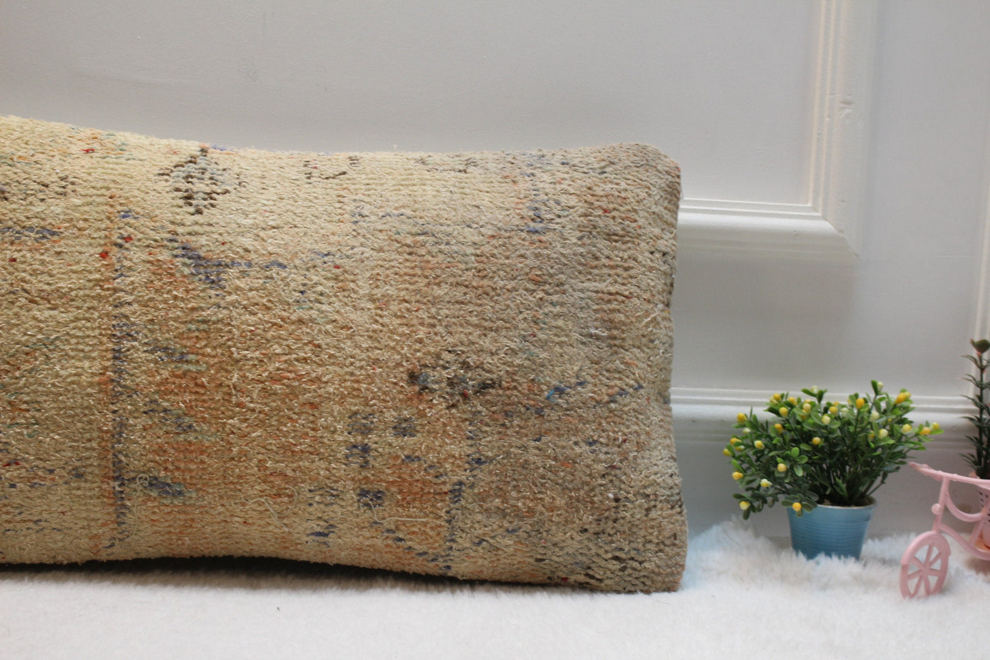 Vintage Turkish Rug Lumbar Pillow Cover: 12x24 Beige Orange Wool Pillow Case