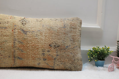 Vintage Turkish Rug Lumbar Pillow Cover: 12x24 Beige Orange Wool Pillow Case