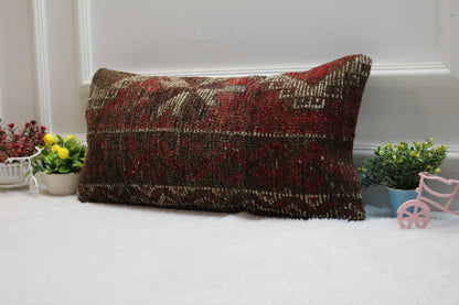 Handmade Turkish Rug Lumbar Pillow Cover: Boho Woven Wool (12x24 in)