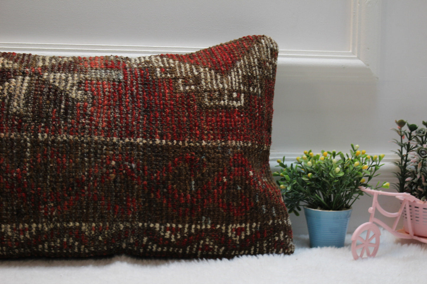 Handmade Turkish Rug Lumbar Pillow Cover: Boho Woven Wool (12x24 in)