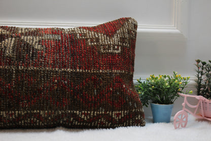 Handmade Turkish Rug Lumbar Pillow Cover: Boho Woven Wool (12x24 in)