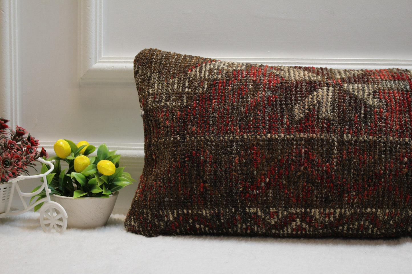Handmade Turkish Rug Lumbar Pillow Cover: Boho Woven Wool (12x24 in)