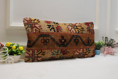 Handmade Turkish Rug Lumbar Pillow Cover: Upcycled Kilim, 12x24 inch