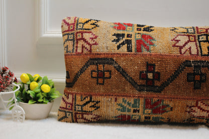 Handmade Turkish Rug Lumbar Pillow Cover: Upcycled Kilim, 12x24 inch