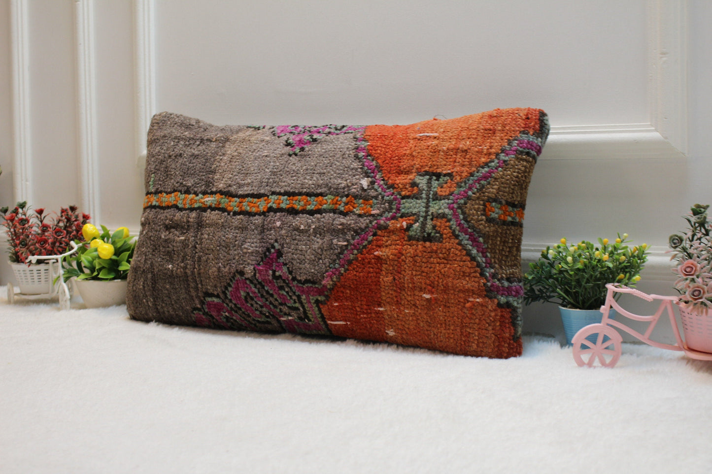 Handmade Kilim Lumbar Pillow Cover: Boho Rug Pillow, 12x24 inch