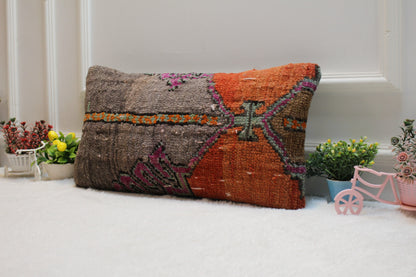 Handmade Kilim Lumbar Pillow Cover: Boho Rug Pillow, 12x24 inch
