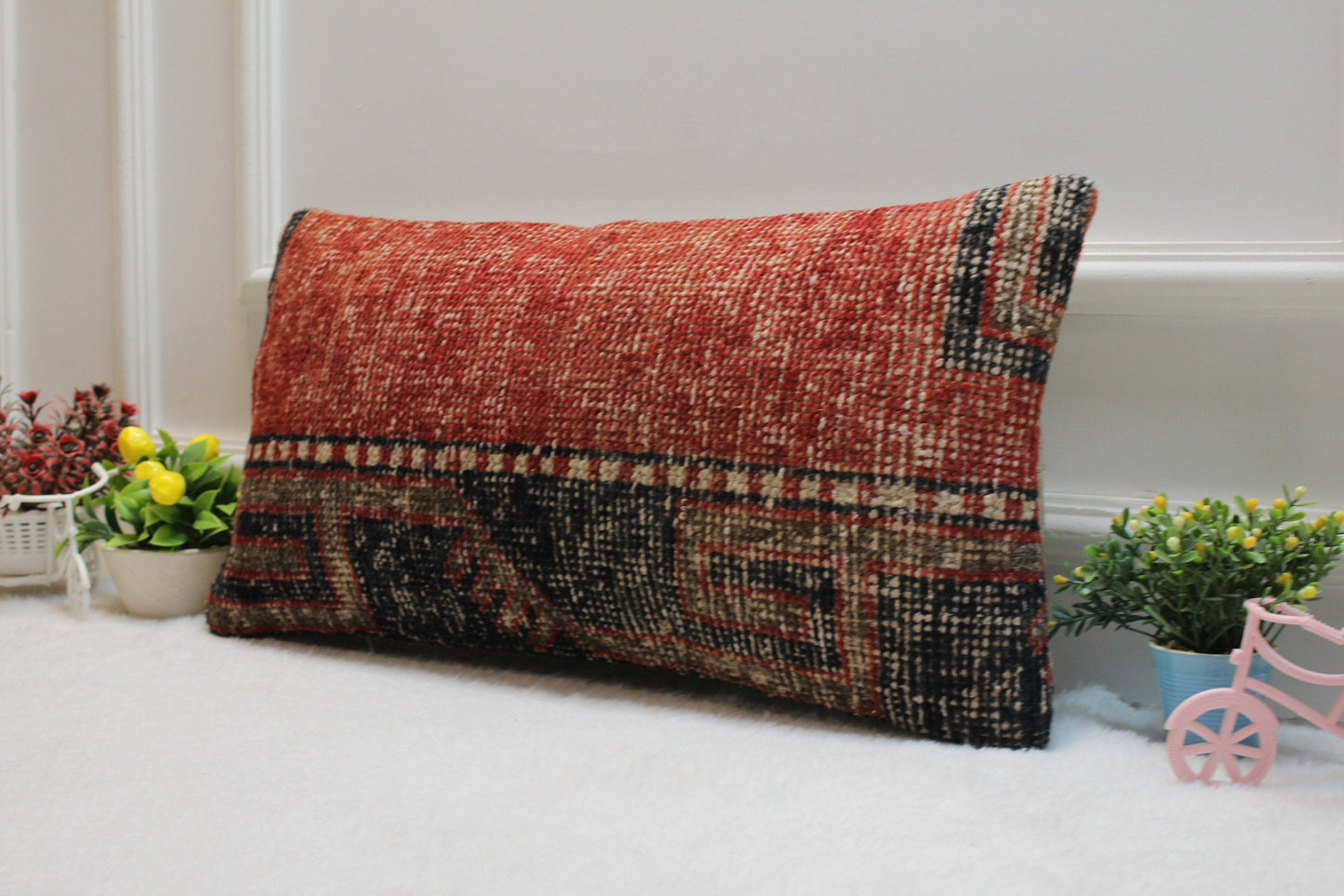 Red Kilim Pillow Cover: Organic Wool, Boho Lumbar Pillow (12x24 inc)