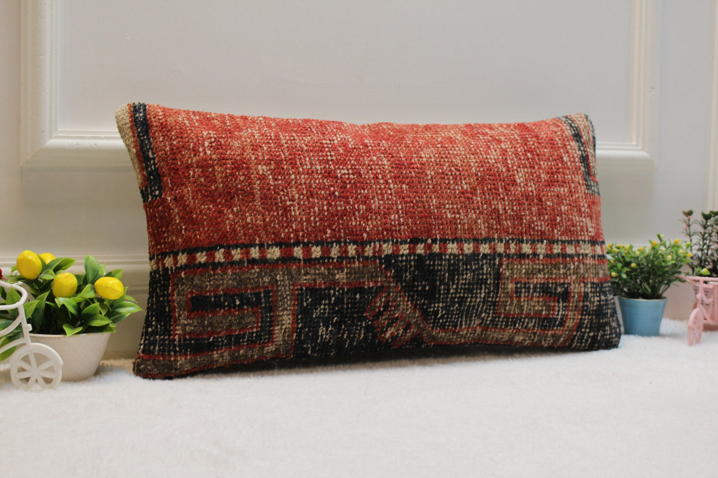 Red Kilim Pillow Cover: Organic Wool, Boho Lumbar Pillow (12x24 inc)