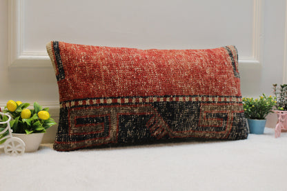 Red Kilim Pillow Cover: Organic Wool, Boho Lumbar Pillow (12x24 inc)