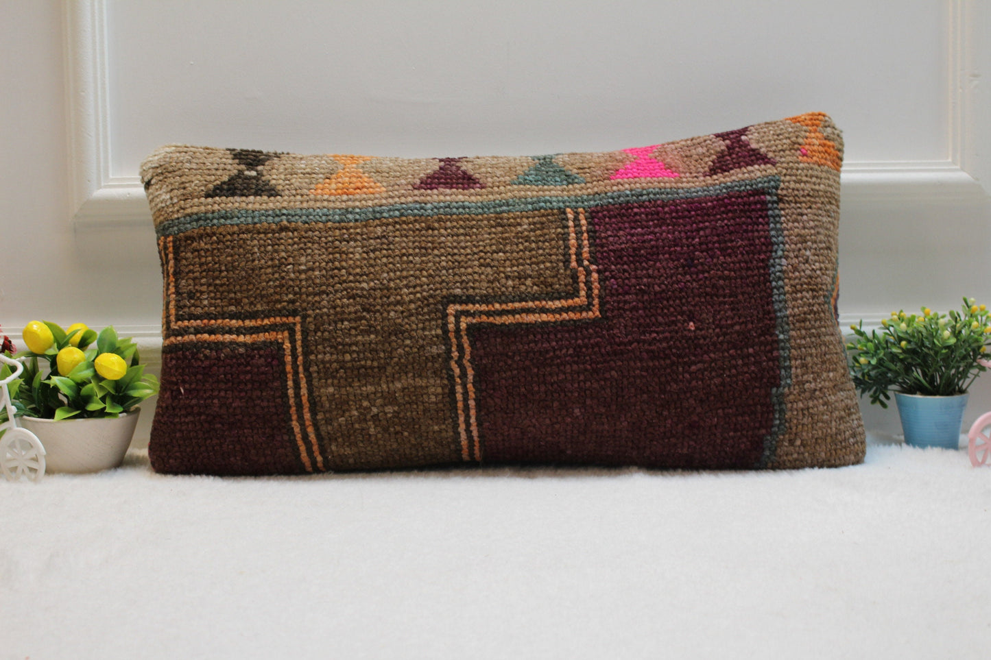 Handmade Kilim Lumbar Pillow Cover: Purple & Brown Rug Pillow (12x24 in)