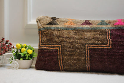 Handmade Kilim Lumbar Pillow Cover: Purple & Brown Rug Pillow (12x24 in)