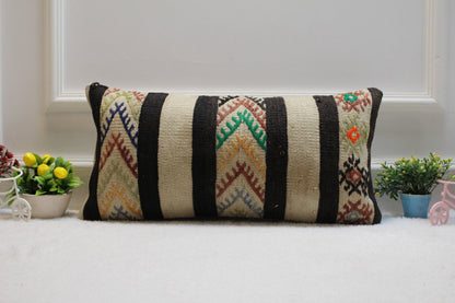 Vintage Kilim Lumbar Pillow Cover: 12x24 inch, Upcycled Woven Rug