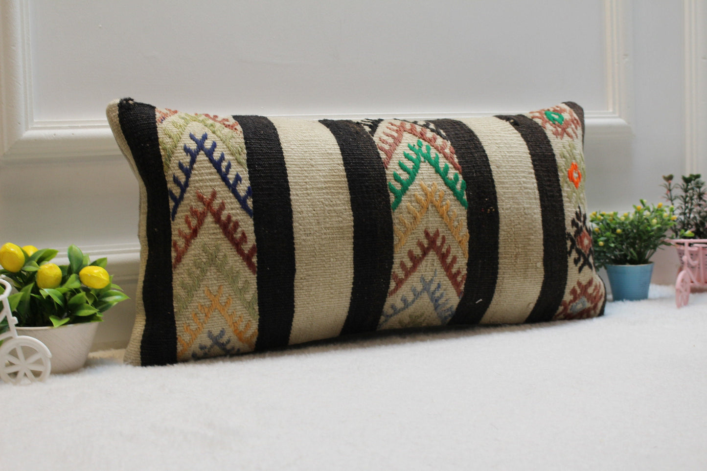 Vintage Kilim Lumbar Pillow Cover: 12x24 inch, Upcycled Woven Rug