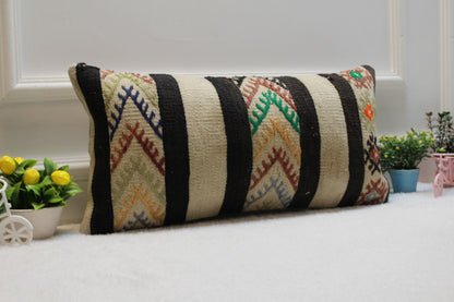 Vintage Kilim Lumbar Pillow Cover: 12x24 inch, Upcycled Woven Rug