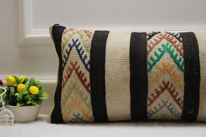 Vintage Kilim Lumbar Pillow Cover: 12x24 inch, Upcycled Woven Rug