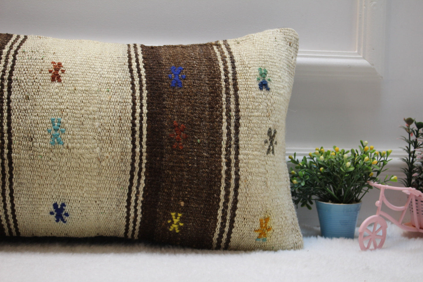 Handmade Kilim Pillow Cover: Upcycled Woven Wool, 12x24 inch