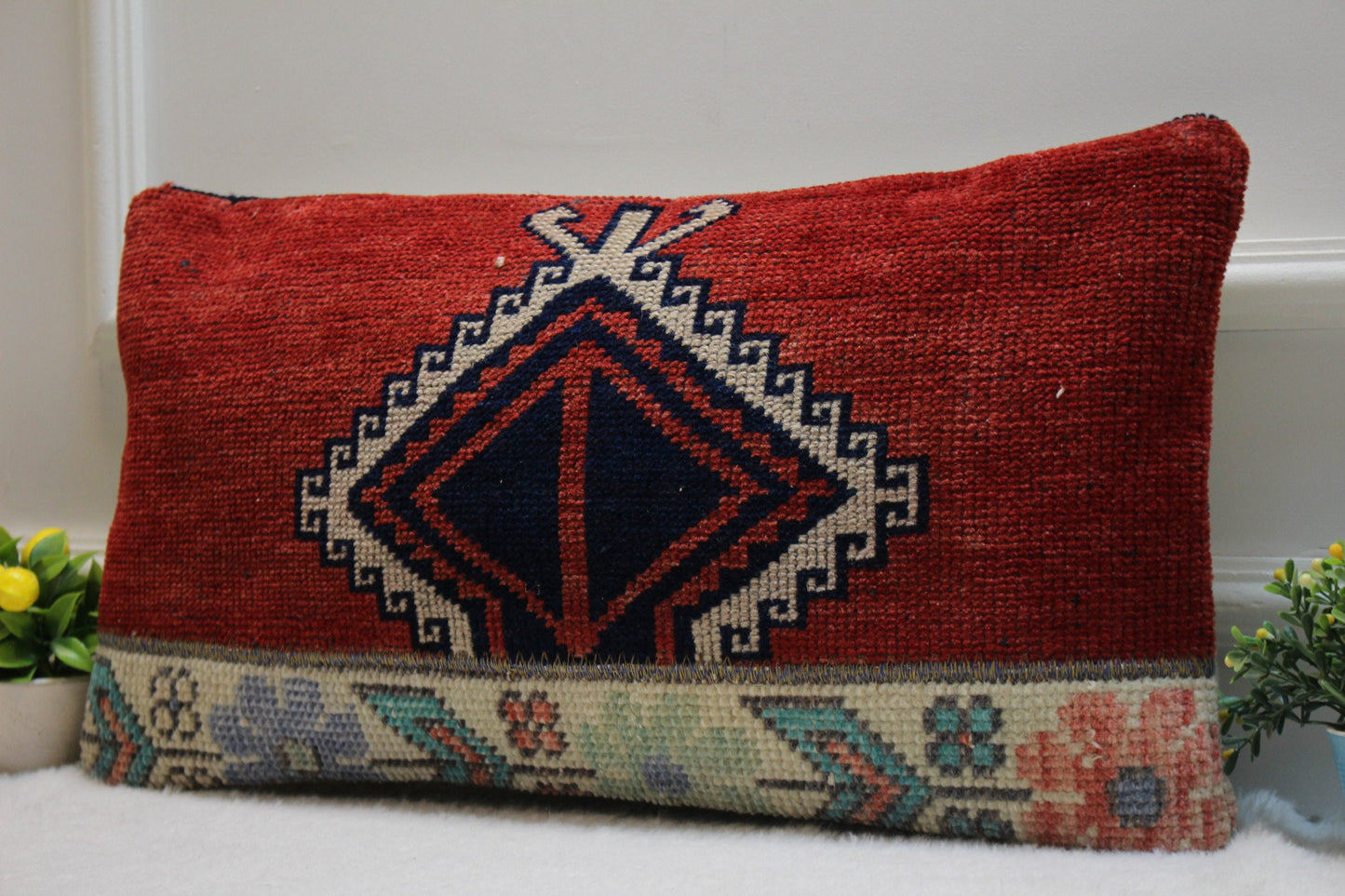 Handmade Kilim Lumbar Pillow Cover: Red Woven Rug, 12x24 inch