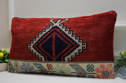 Handmade Kilim Lumbar Pillow Cover: Red Woven Rug, 12x24 inch