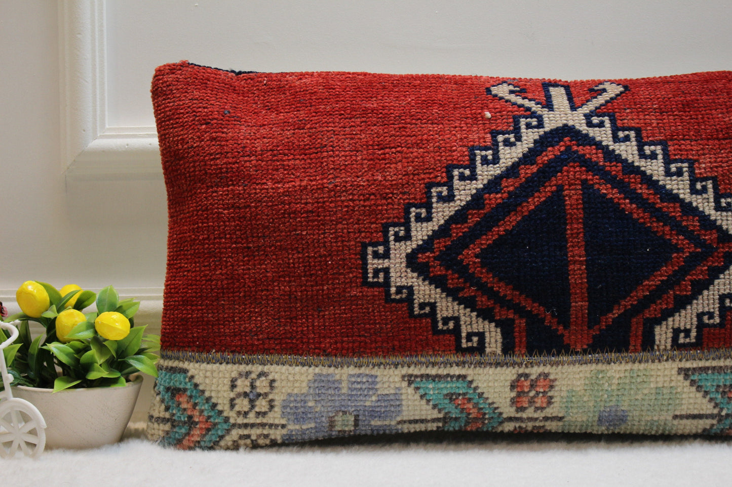 Handmade Kilim Lumbar Pillow Cover: Red Woven Rug, 12x24 inch