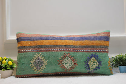 Handmade Green Kilim Lumbar Pillow Cover: Upcycled Woven Rug