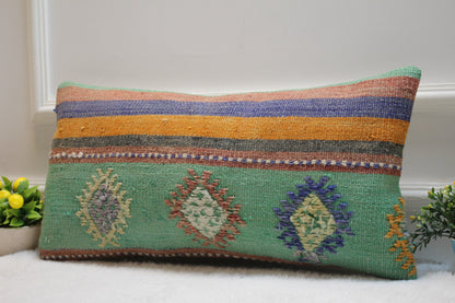 Handmade Green Kilim Lumbar Pillow Cover: Upcycled Woven Rug
