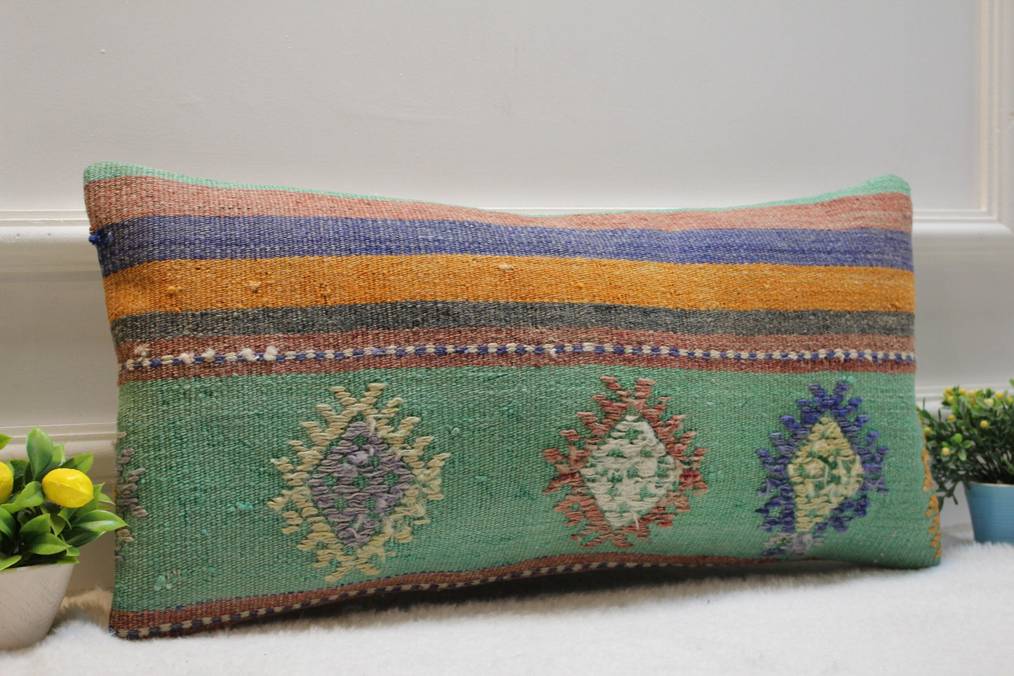 Handmade Green Kilim Lumbar Pillow Cover: Upcycled Woven Rug