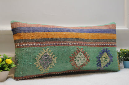 Handmade Green Kilim Lumbar Pillow Cover: Upcycled Woven Rug
