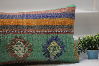 Handmade Green Kilim Lumbar Pillow Cover: Upcycled Woven Rug