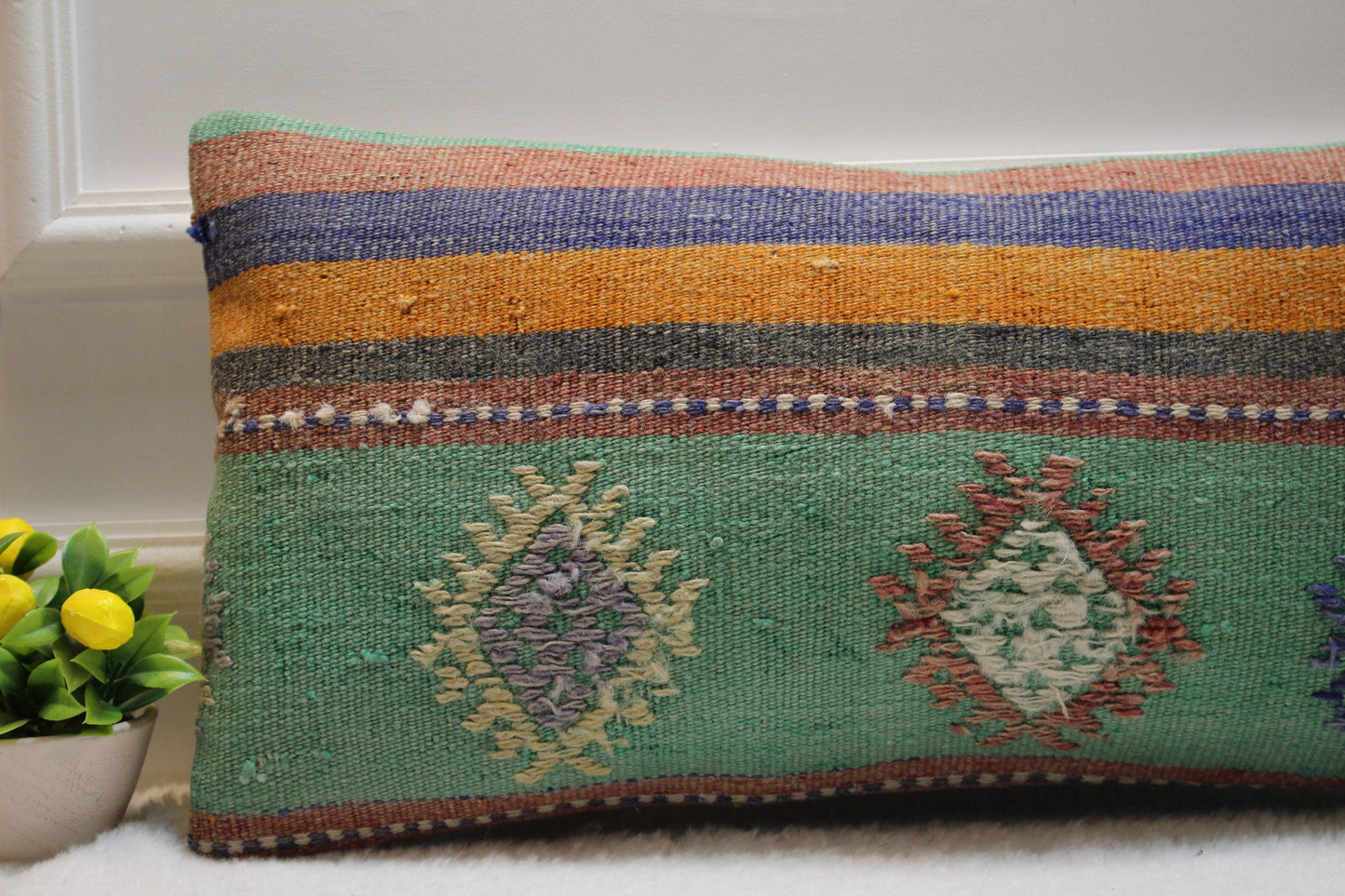 Handmade Green Kilim Lumbar Pillow Cover: Upcycled Woven Rug