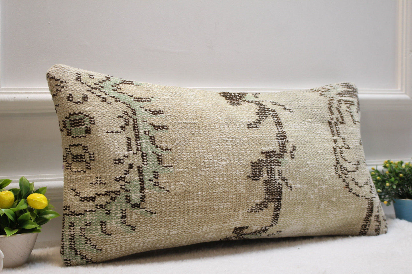Handmade Turkish Kilim Lumbar Pillow Cover: Upcycled Rug, 12x24 inch