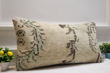 Handmade Turkish Kilim Lumbar Pillow Cover: Upcycled Rug, 12x24 inch