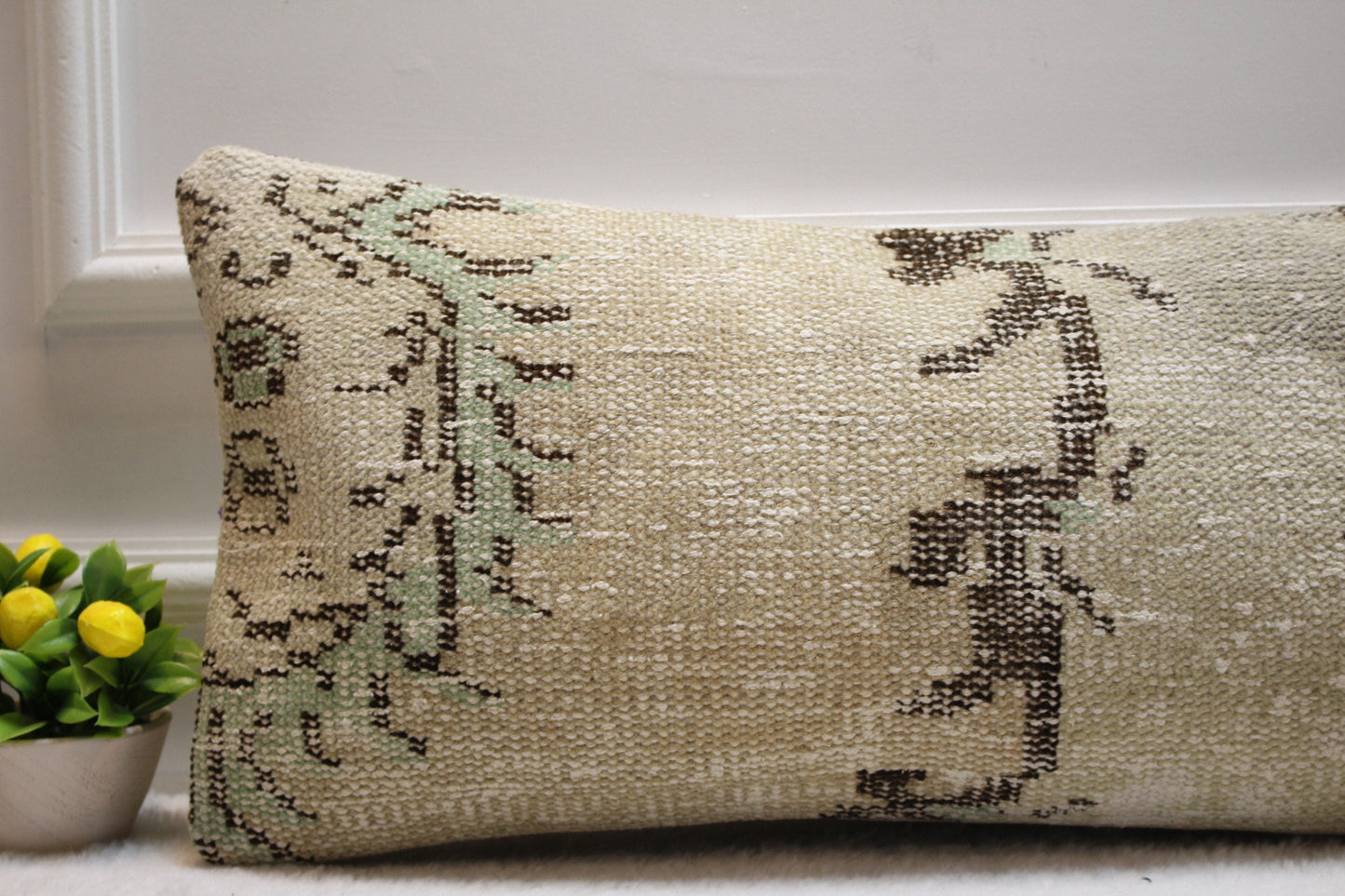 Handmade Turkish Kilim Lumbar Pillow Cover: Upcycled Rug, 12x24 inch