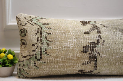 Handmade Turkish Kilim Lumbar Pillow Cover: Upcycled Rug, 12x24 inch