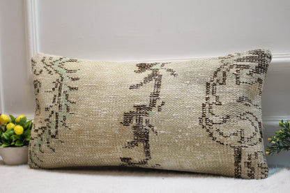 Handmade Turkish Kilim Lumbar Pillow Cover: Upcycled Rug, 12x24 inch